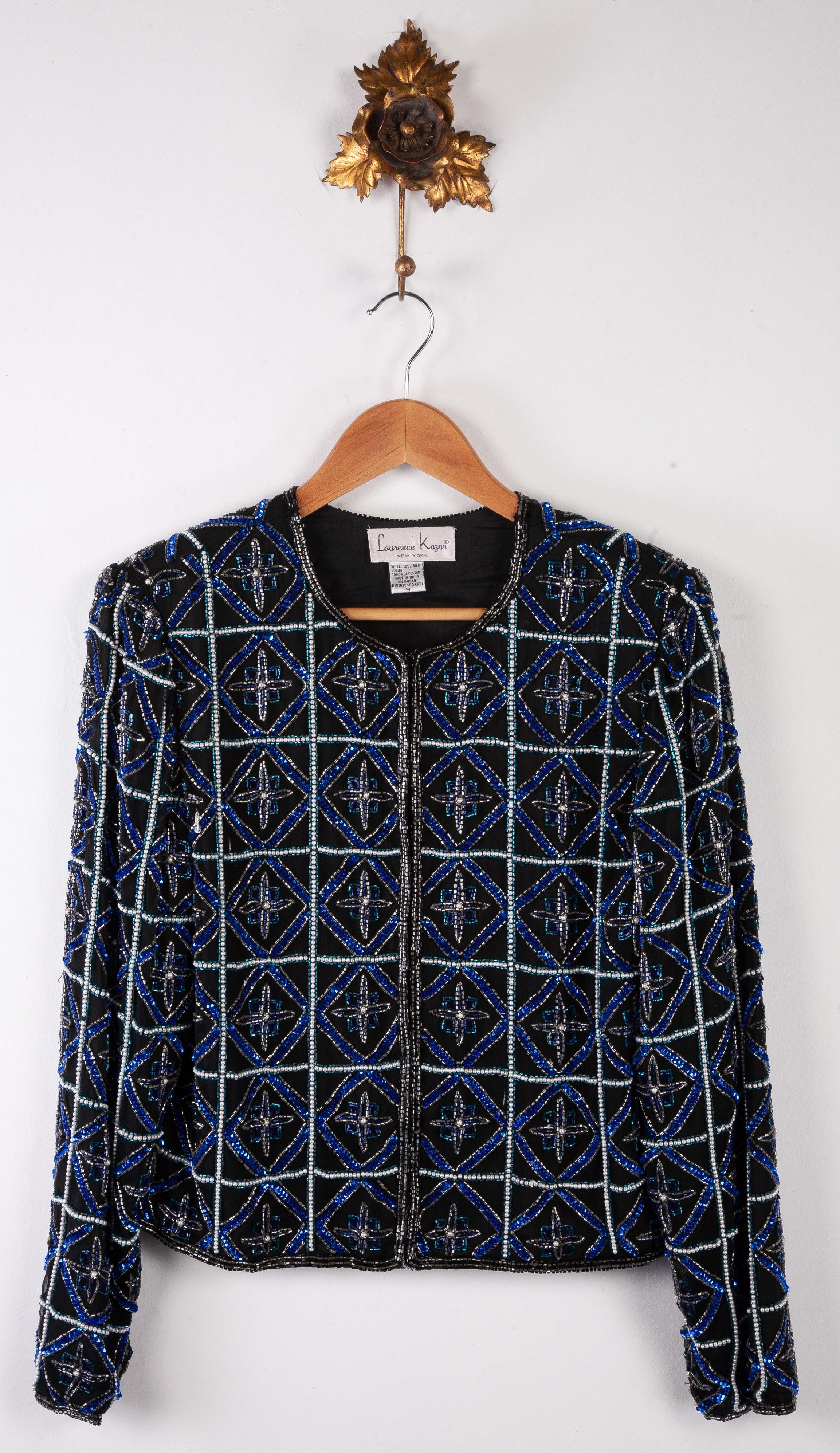 Laurence Kazar Beaded Jacket Black with Blue beading 100 Silk Size M Ava Iva