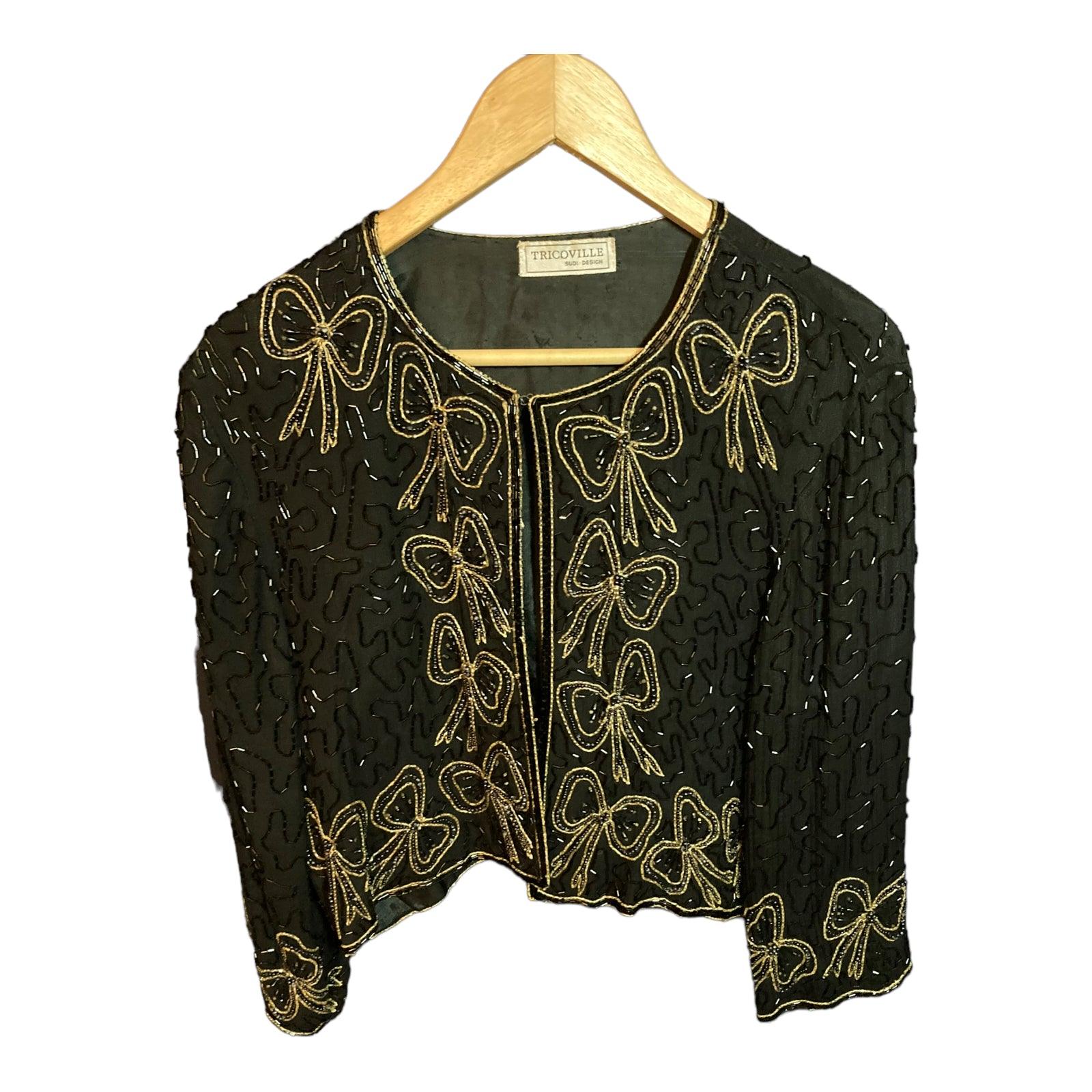 Tricoville Silk Black Beaded Jacket UK Size S M Ava Iva