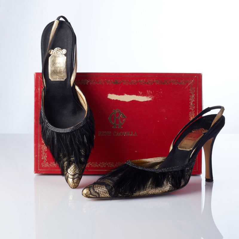 Rene Caovilla Black and Gold Slingback with Feather Detail Size 39 1/2