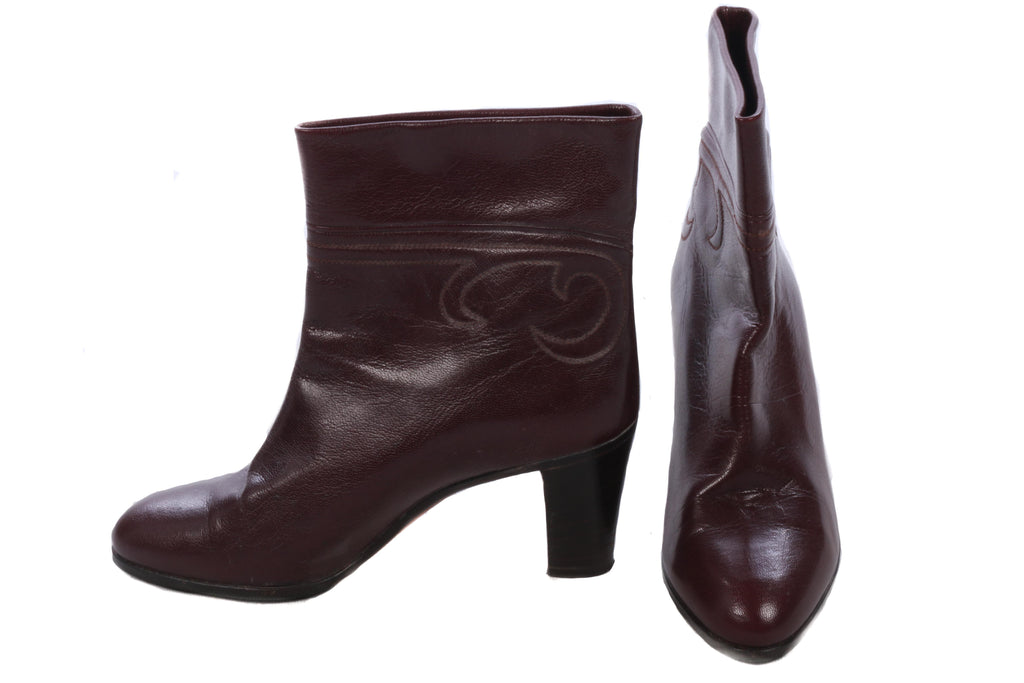 Celine Ankle Boots Burgundy Leather Size 37 1/2 - Ava & Iva