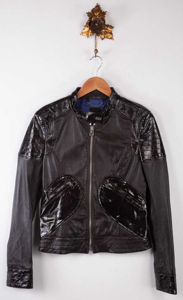 Miss Sixty Brown Biker Style Leather Jacket with Patent Accents Size M (UK 10) - Ava & Iva