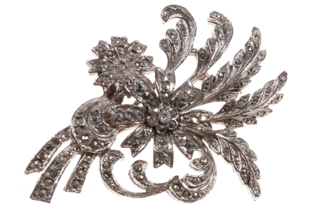 Silver tone flower marcasite brooch - Ava & Iva