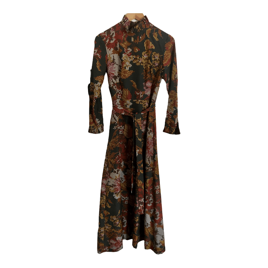 Vintage Camilla of Copenhagen Est. Viscose Long Sleeve Ruffled Fit & Flare Maxi Dress Black Multi Block Circle Print UK Size 10 - Ava & Iva