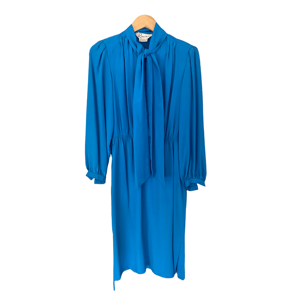 Rouie Vintage 100% Silk Dress Long Sleeve Pussy Bow Electric Blue UK Size 10 - Ava & Iva