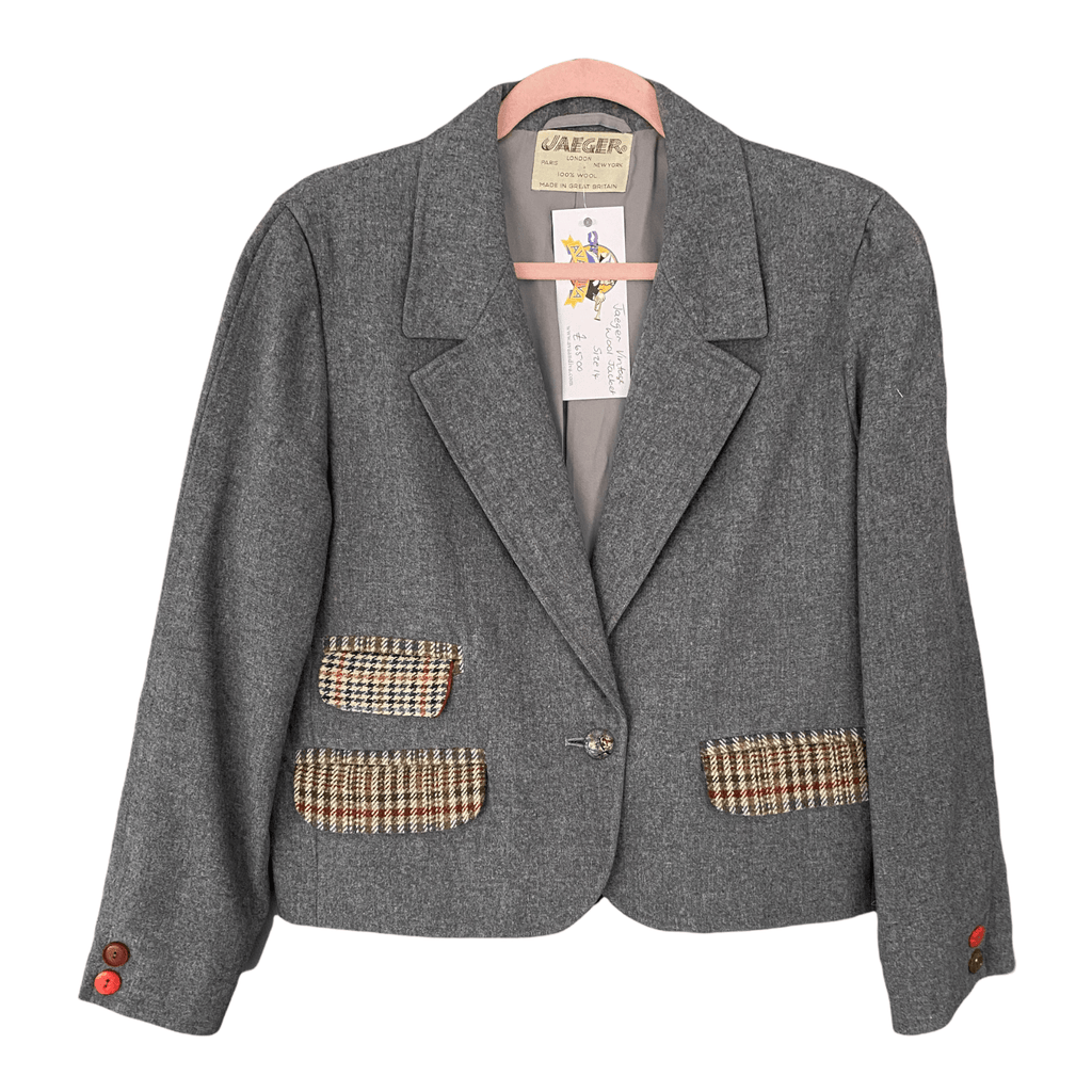 Jaeger Vintage Wool Single Breasted Jacket Grey with Tweed Detail UK S Ava Iva