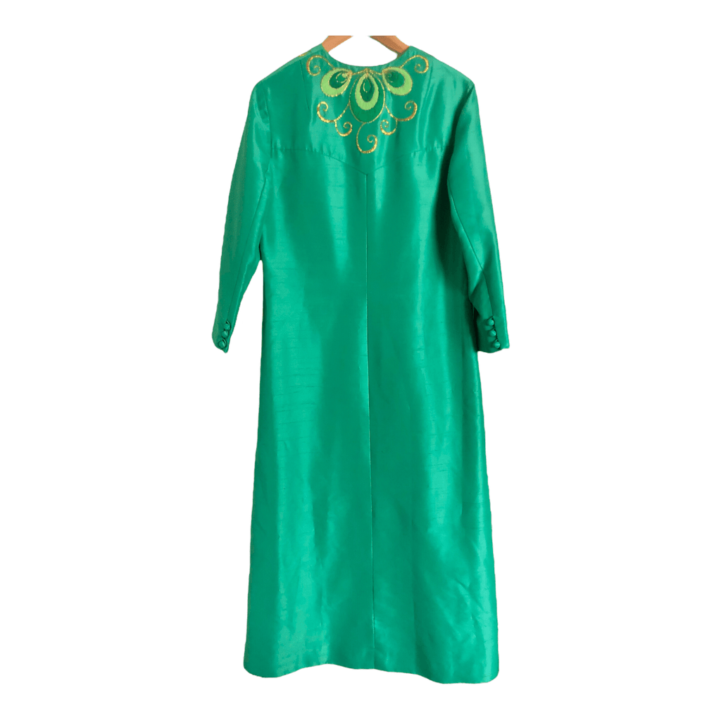 Unbranded Vintage Silk Long Sleeve Evening Gown Maxi Dress Emerald Green Gold Embroidered Peacock Pattern UK Size 14-16 - Ava & Iva