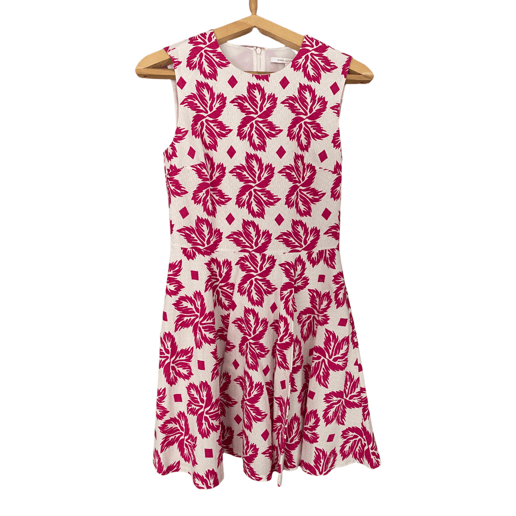 Diane vonFurstenberg Sleeveless Cotton Dress Leaf Print Cerise and White US Size 2 (UK 6) - Ava & Iva